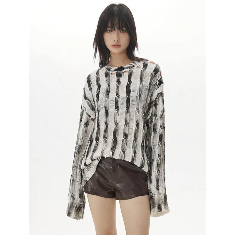 striped knit pullover with hollow accents, view 2 - MRSLM