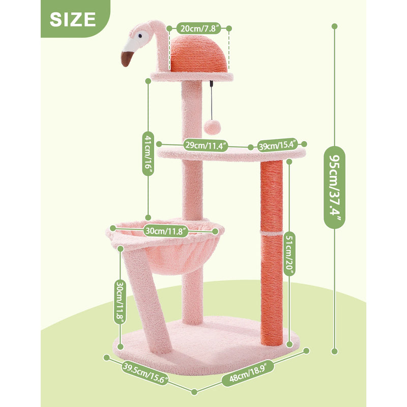 Encantadora árvore para gatos de vários níveis em formato de flamingo rosa, com rede e postes para arranhar.