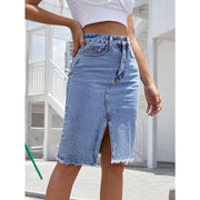 high waist split denim midi skirt, view 3 - MRSLM