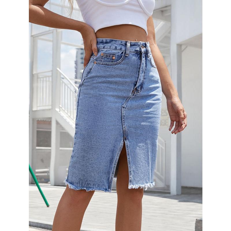 high waist split denim midi skirt, view 3 - MRSLM