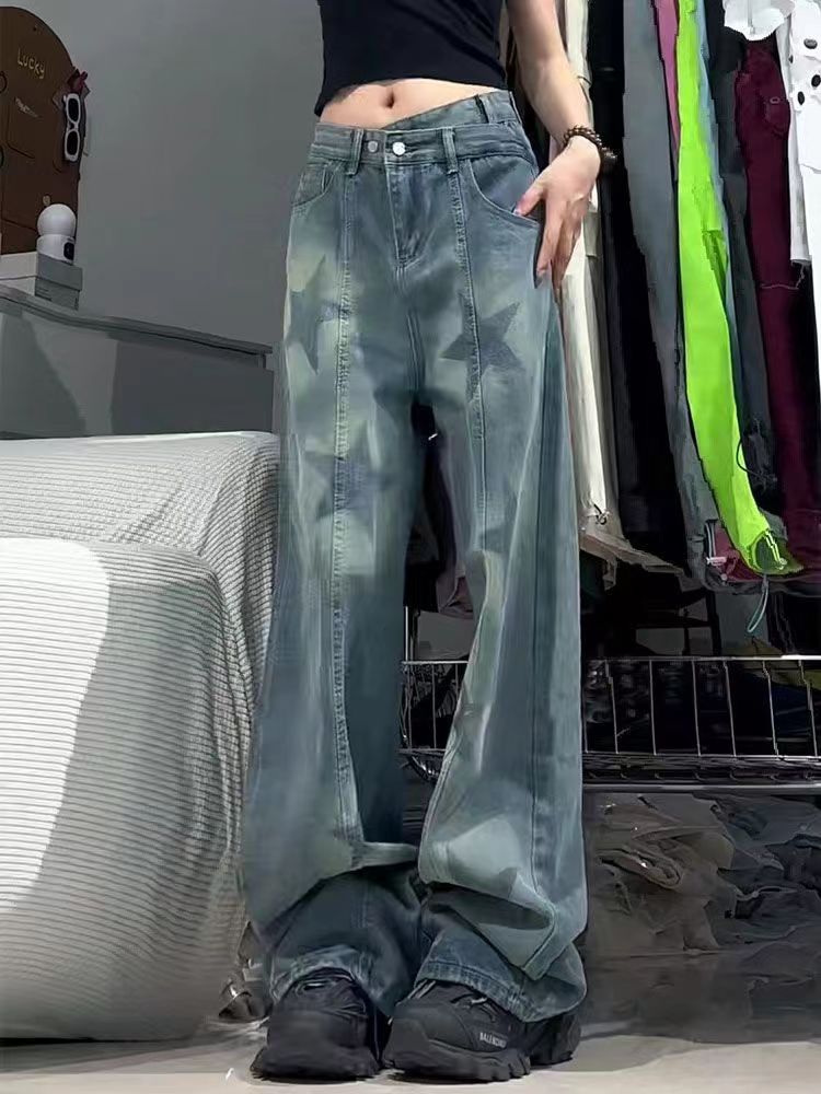 Damen-Jeans mit Print, unregelmäßigem Schnitt, hohem Bund und weitem Bein