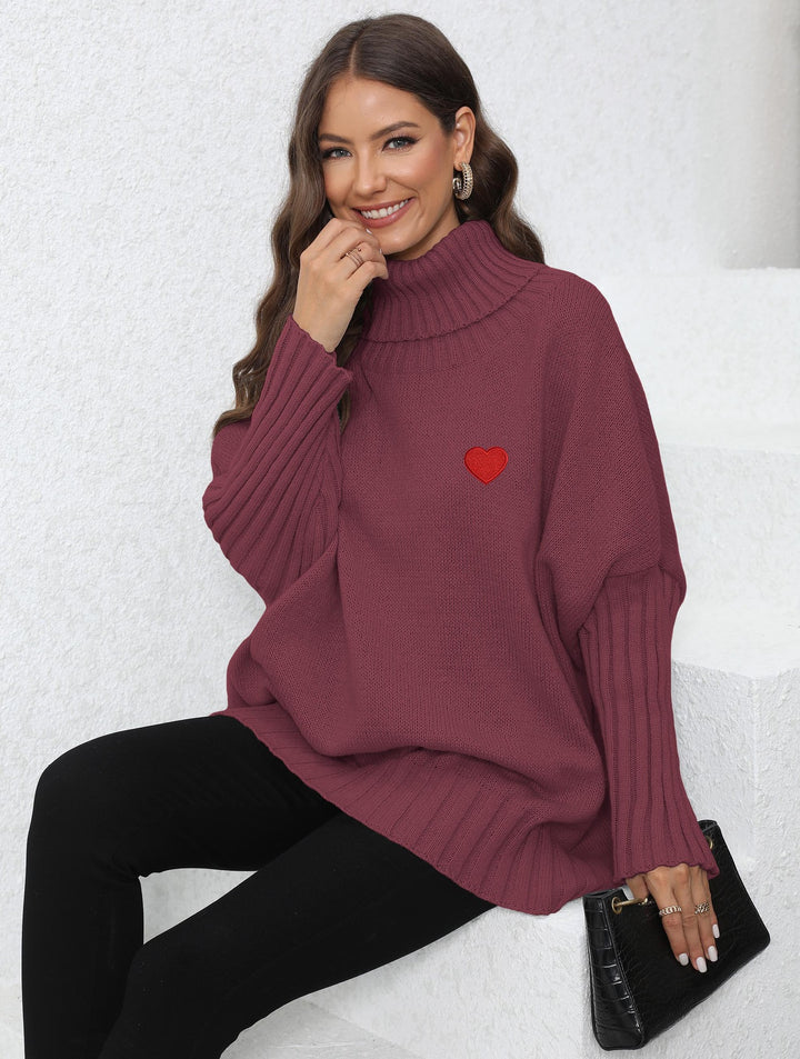 Women's Clothing Knitted Solid Color Turtleneck Lapel Loose Woven Love Stickers Sweater