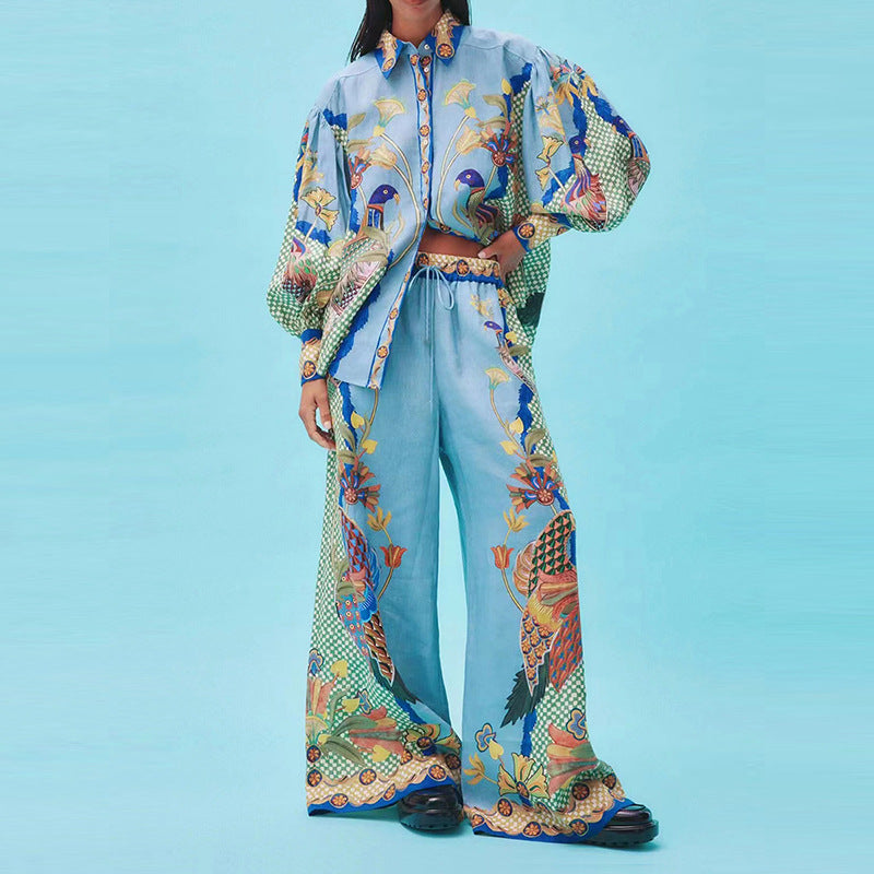 french retro printed shirt and trousers set, view 9 - MRSLM
