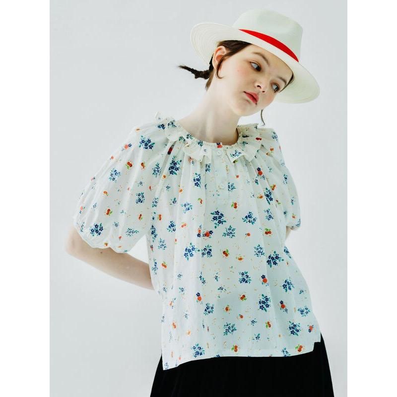Summer Floral Casual Short Shirt with Peter Pan Collar for Women