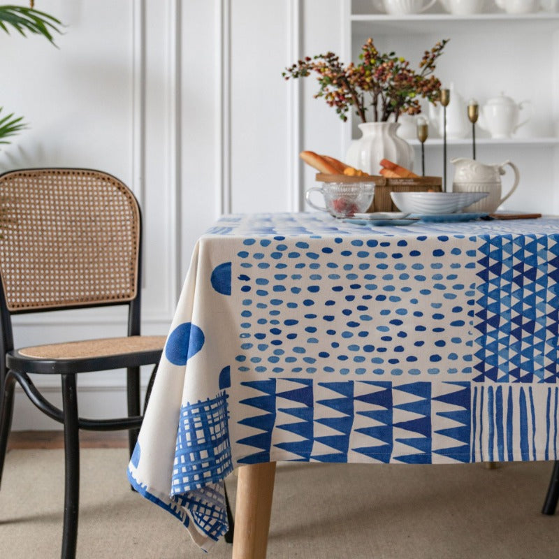 geometric blue patchwork tablecloth, view 5 - MRSLM