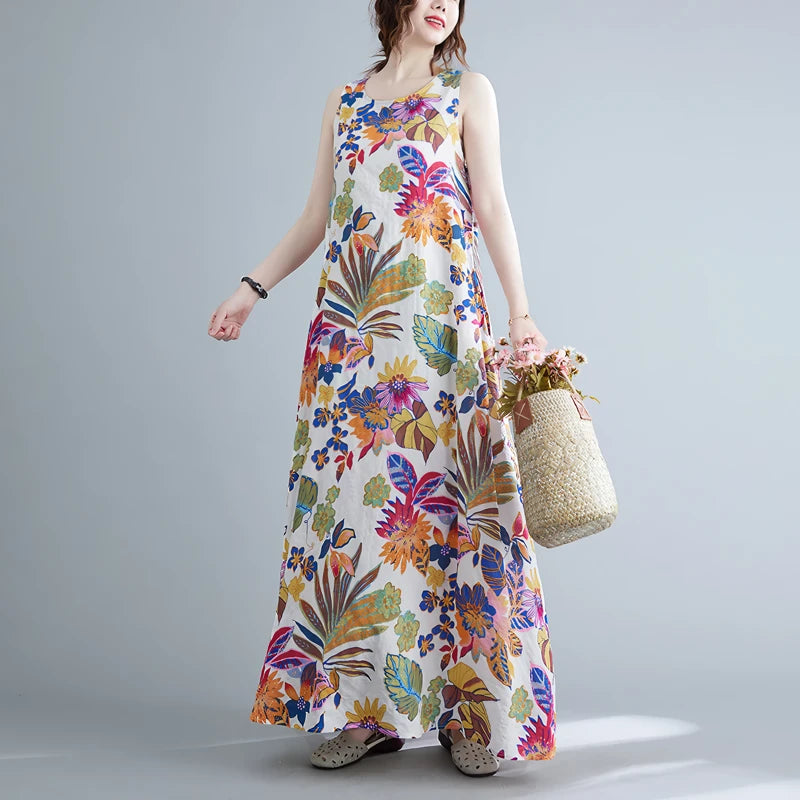 Langes Kleid aus Baumwoll-Leinen-Mischgewebe mit Blumenmuster
