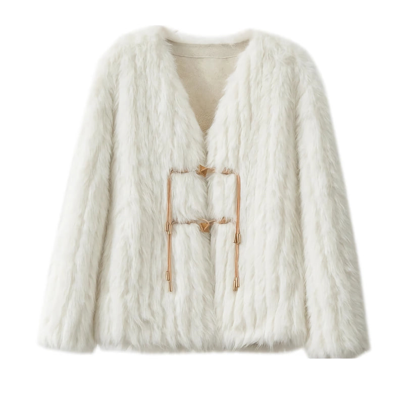 elegant loose faux fur v-neck coat, view 8 - MRSLM