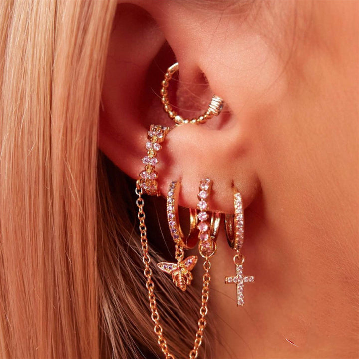 Crystal Hoop And Gold Chain Are Connected With Matching Cuff Earrings
