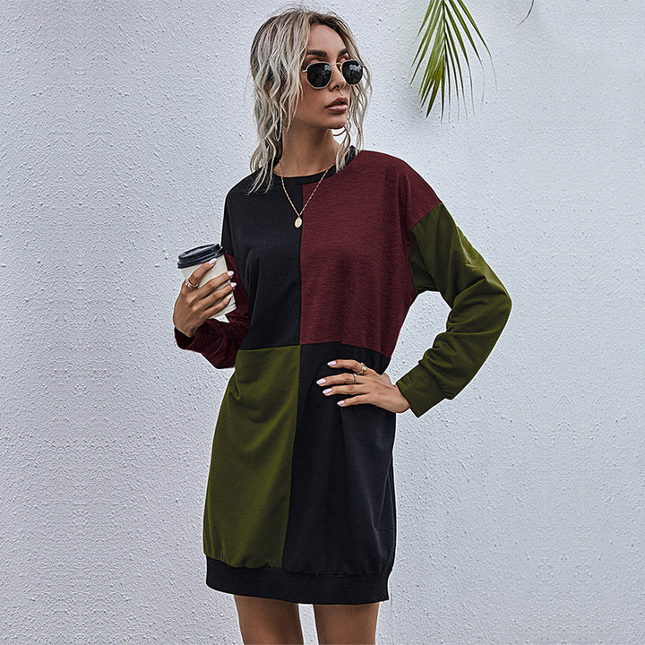 New Splicing Long Sleeve Round Neck Color Contrast Pullover Dress For Women