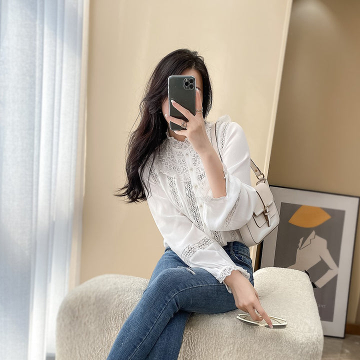 Niche Round Neck Lace Long Sleeve White Shirt Female Blouse