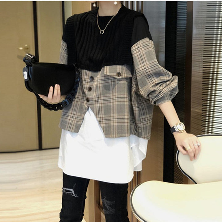 New Loose Shirt Splicing Knitwear Women Fake Two Pieces Western Style Shirt