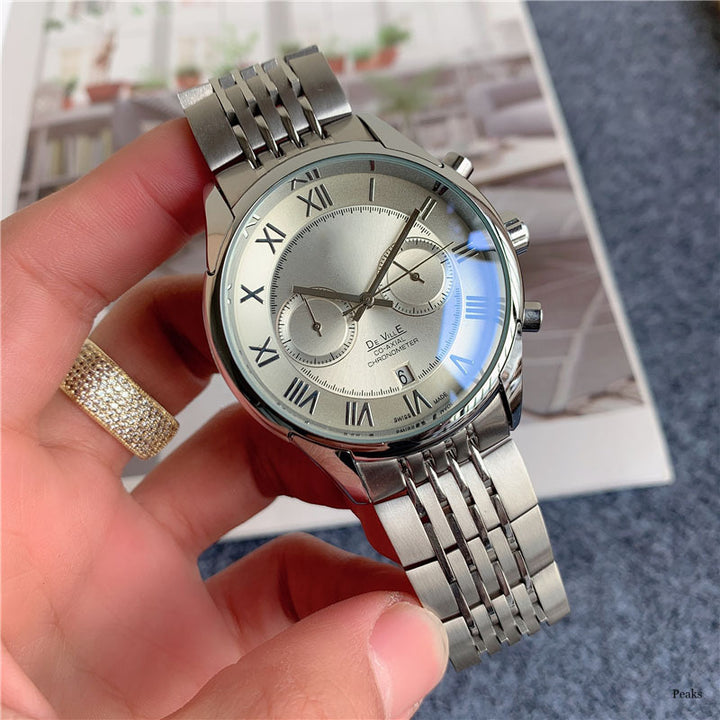 Fashionable Stainless Steel Band Multi-Function Five-Hand Calendar Trendy Casual Watch