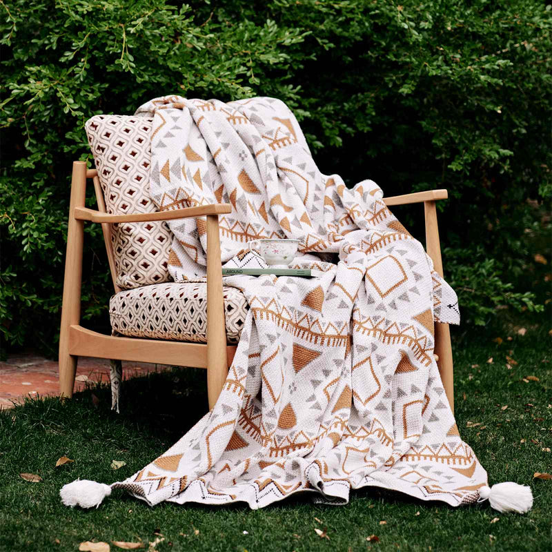 boho geometric cotton knitted blanket, view 4 - MRSLM
