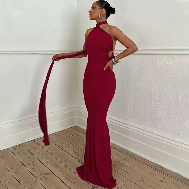 inclined shoulder maxi long dress, view 12 - MRSLM