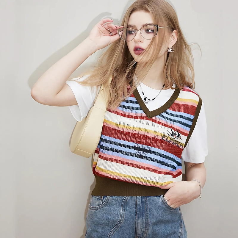 striped v-neck knitted vest, view 5 - MRSLM