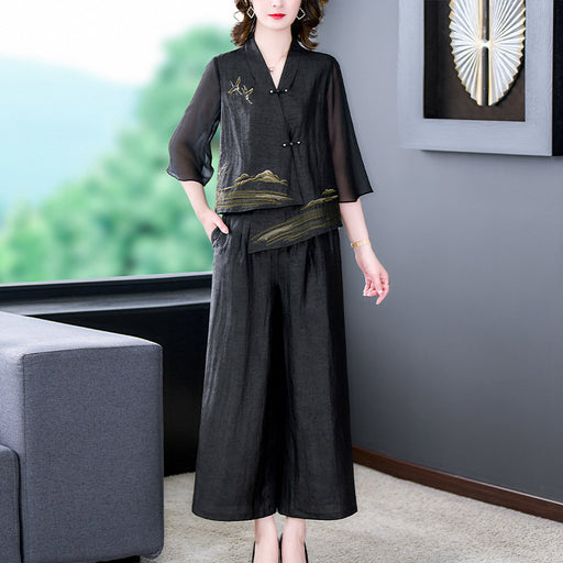 embroidered irregular top and wide-leg pants set, view 7 - MRSLM