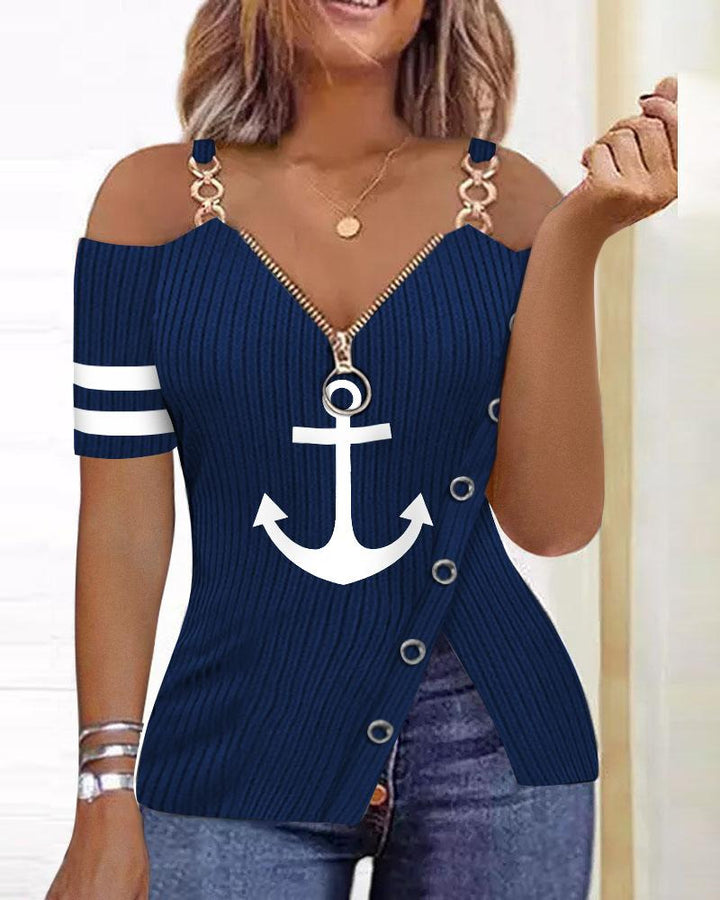 Boat Anchor Pattern Printed Zipper T-shirt