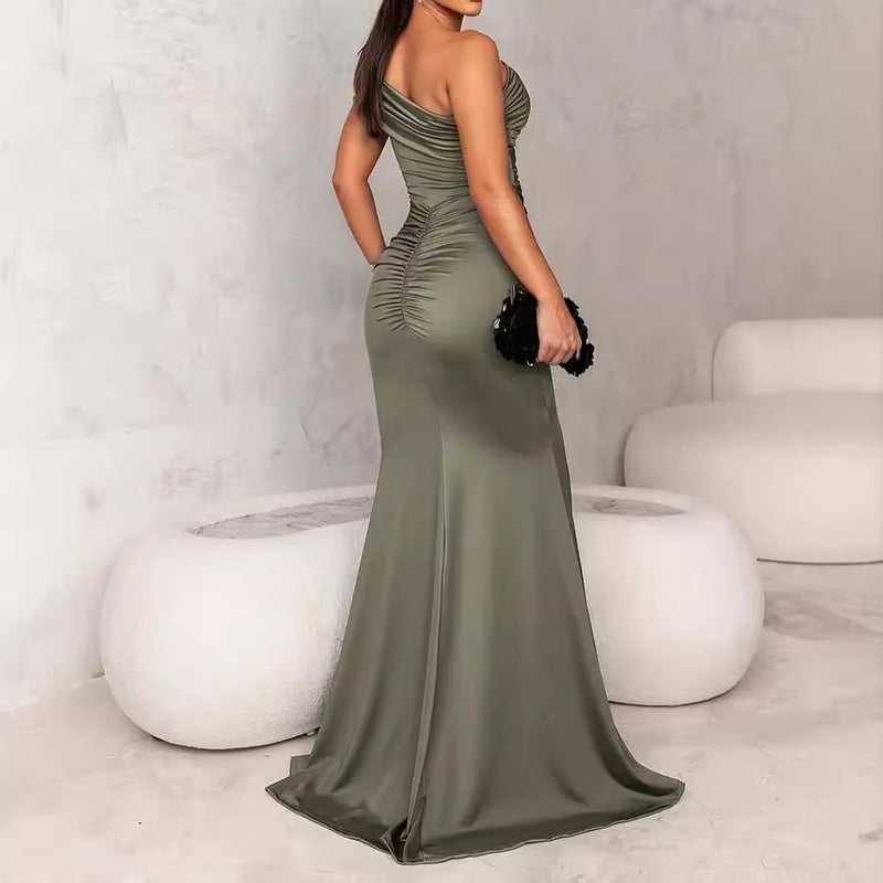 women's solid green asymmetric dress, view 3 - MRSLM