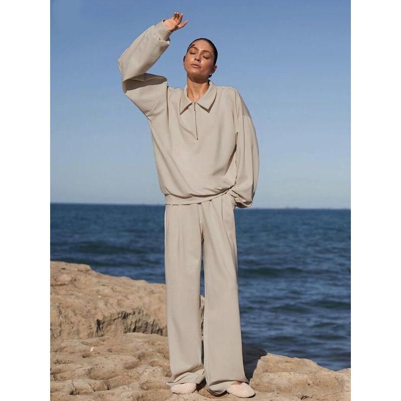 Elegant Two-Piece Set: Casual Long Sleeve Shirt & High-Waist Wide Leg Pants
