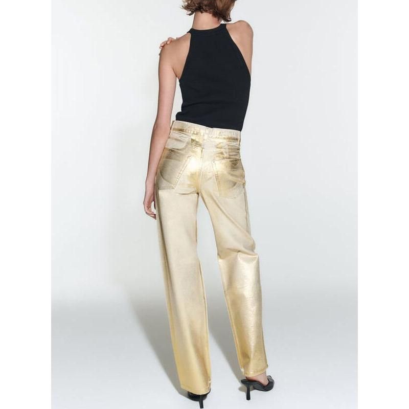 high waist gold coated straight jeans, view 5 - MRSLM