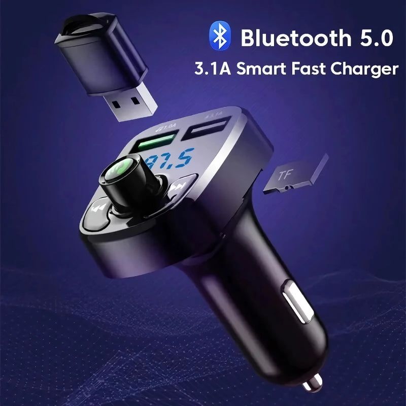 Transmissor FM Bluetooth para carro com MP3, LED, carregador USB duplo e função mãos-livres para chamadas.