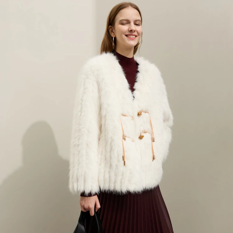 elegant loose faux fur v-neck coat, view 2 - MRSLM
