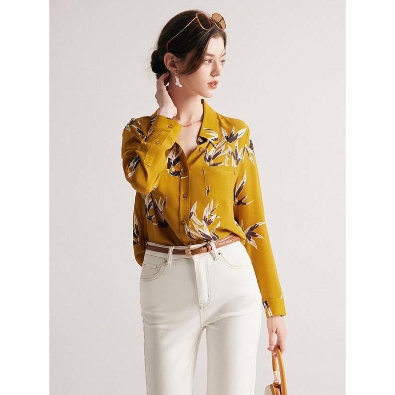 Luxury Mulberry Silk Printed Blouse with Pockets