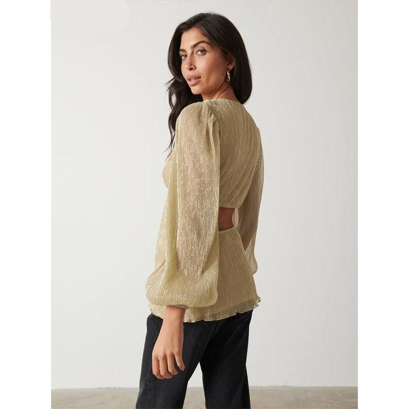 Gold Pleated V-Neck Blouse with Puff Sleeves