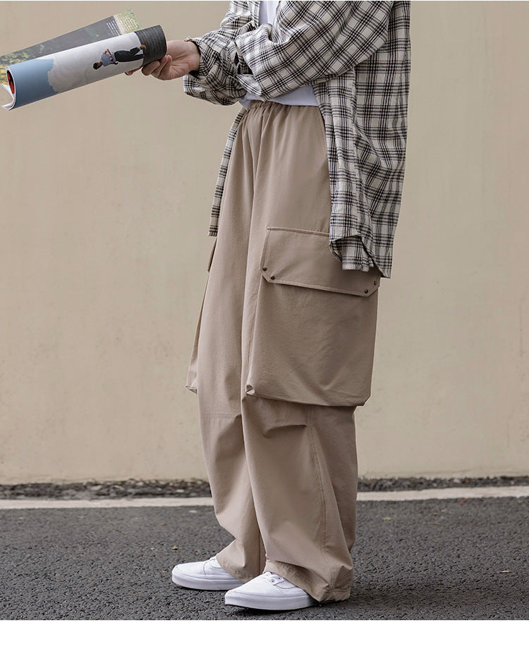 Calças legging vintage masculinas e femininas com cordão e bolsos grandes.