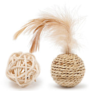 rattan ball and feather bell cat toy set, view 2 - MRSLM