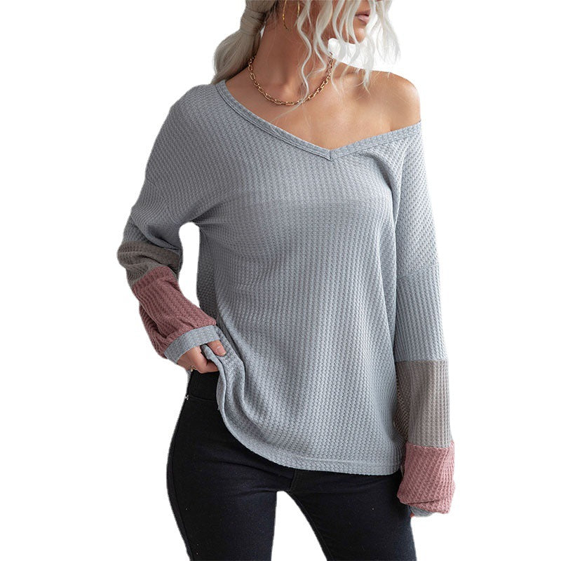 New Color Blocking Long Sleeve Waffle V-neck Pullover Knitted Top