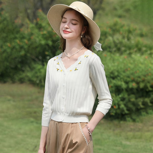 vintage V-neck embroidered knit sweater, view 2 - MRSLM