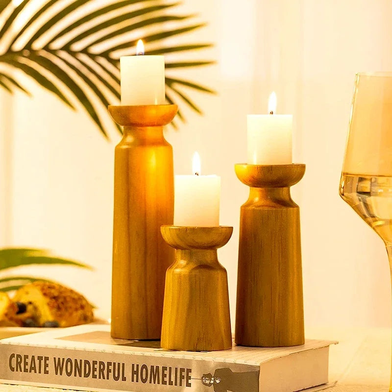 rustic wooden candlestick holders, view 6 - MRSLM