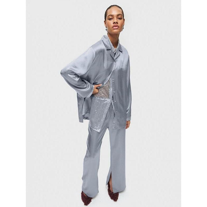 Elegant Two-Piece Set: Long Sleeve Shirt & High Waist Wide Leg Pants