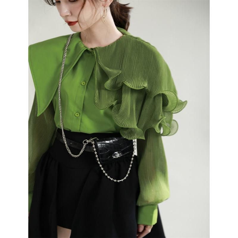Green Pleated Belted Blouse