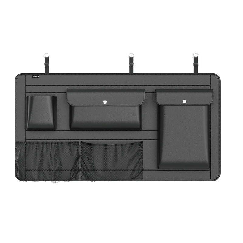 Organizador de armazenamento automotivo em couro de alta capacidade com bolsos multiuso.