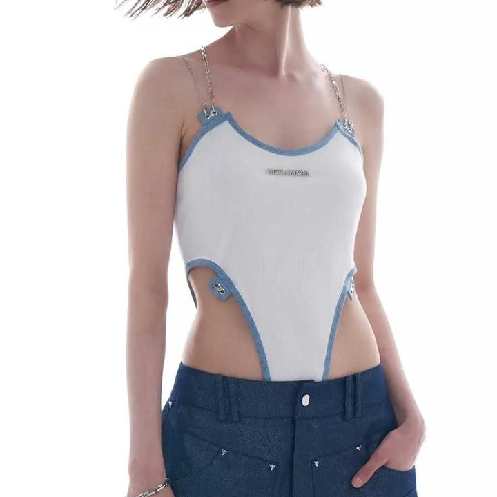 High Cut Sleeveless Backless Bodysuit with Patchwork