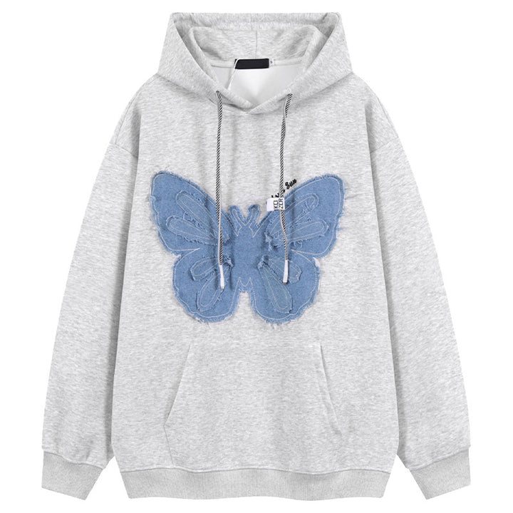 Retro Patch Denim Butterfly Flower Hooded Sweatshirt