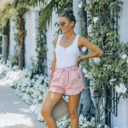 frayed lace denim elastic waist shorts, view 2 - MRSLM