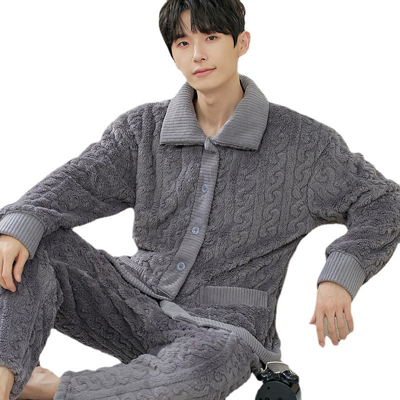 Men's flannel lounge robe cardigan set, view 8 - MRSLM
