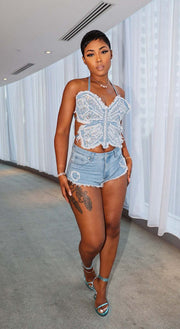 denim rhinestone butterfly strap top and shorts set, view 6 - MRSLM