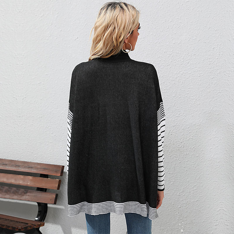 New Women's Bat Sleeve Stripe Half High Neck Sweater