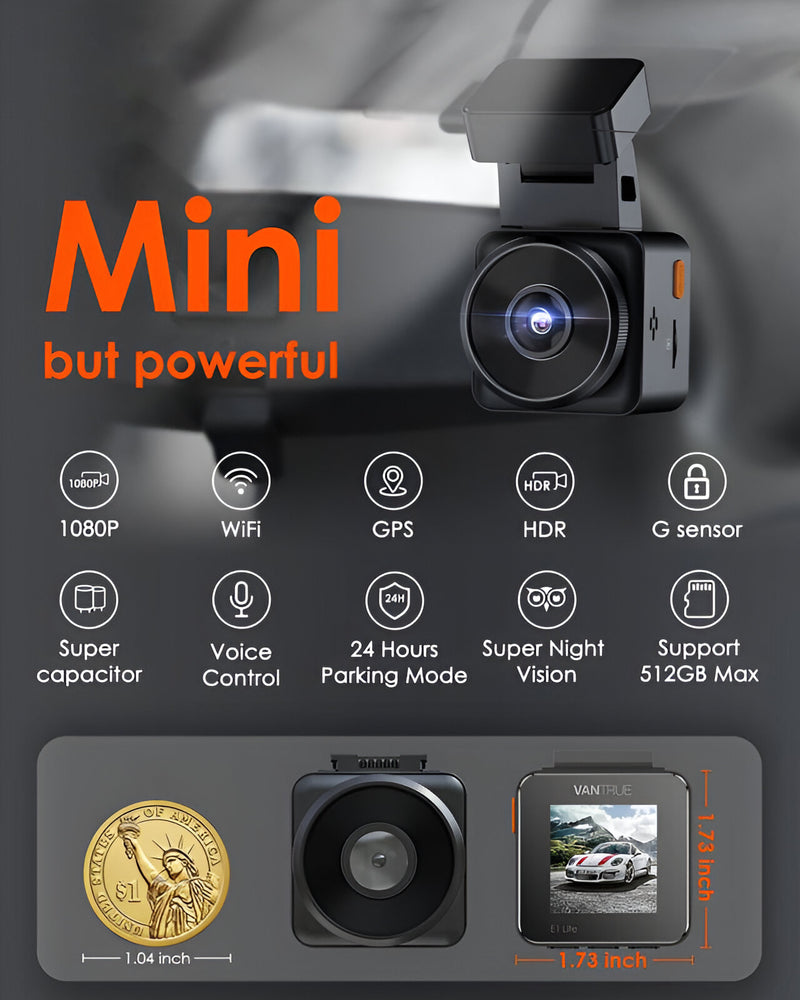 1080P WLAN-Mini-Dashcam mit GPS, Sprachsteuerung, Nachtsicht und Parkmodus