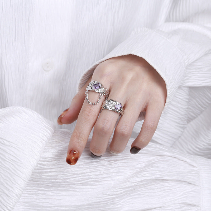 s925 silver foil texture zircon chain ring - MRSLM