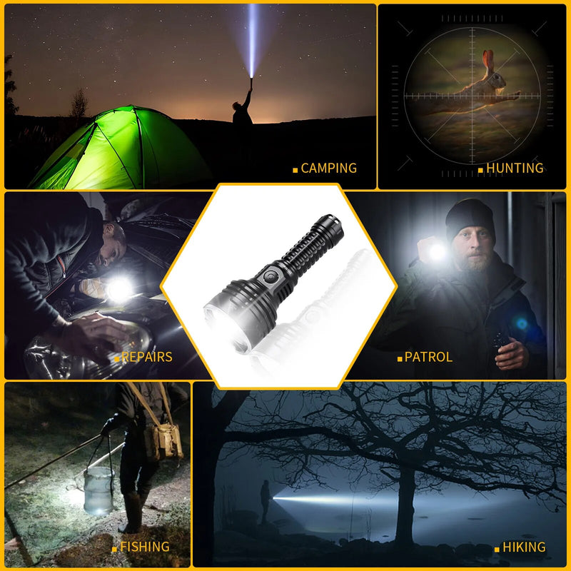 Wiederaufladbare taktische LED-Taschenlampe mit 6000 Lumen, Powerbank-Funktion, USB-C-Anschluss und großer Reichweite