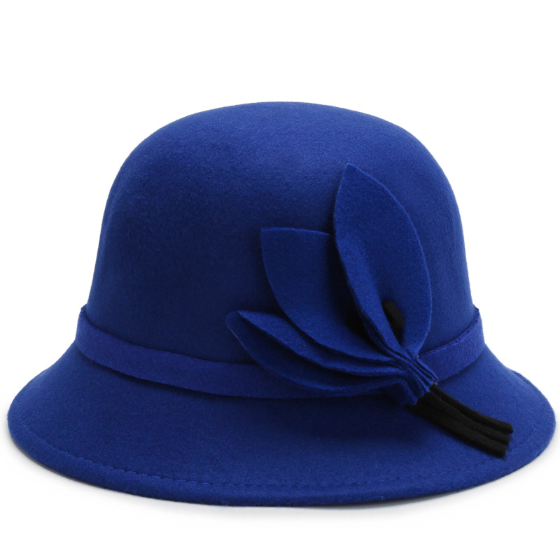 Leaves Brim Fedoras Felt Hats for Women 57cm Fashion Polyester Hat Caps Ladies Church Hats with Fur LQJ01140