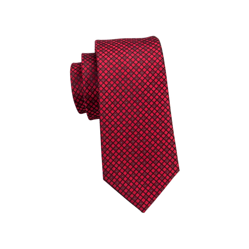 Elegante rote karierte Seidenkrawatte mit Manschettenknöpfen und Einstecktuch