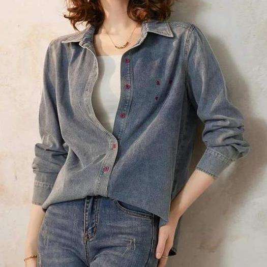 spring casual denim shirt with embroidery - MRSLM