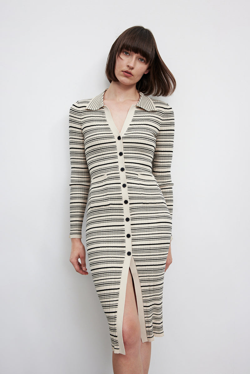 french style striped lapel dress, view 3 - MRSLM
