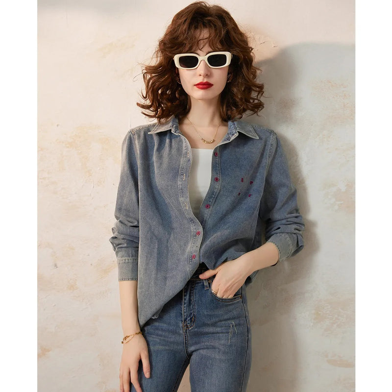 spring casual denim shirt with embroidery, view 3 - MRSLM